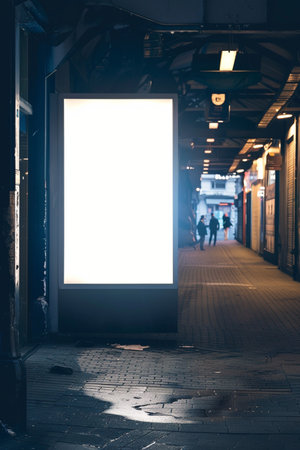 Blank billboard in a city street with people silhouettes at nightの素材