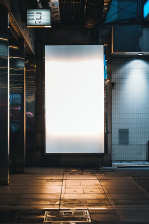 Blank white poster on a city street at night. Mock upの素材