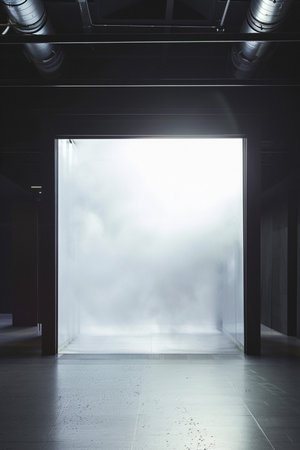 Empty elevator interior with foggy window. Mock up, 3D Renderingの素材