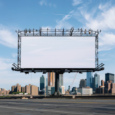 Blank billboard on highway with cityscape and blue sky background.の素材