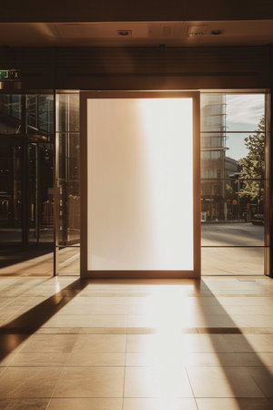Blank white poster on the glass wall in a modern office buildingの素材