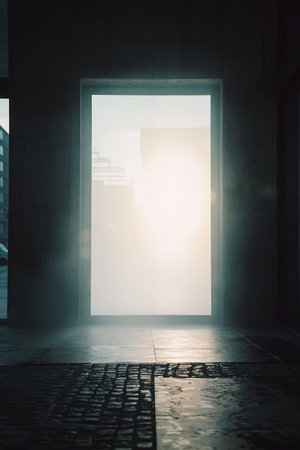 Door to the city in a foggy morning. 3d renderingの素材