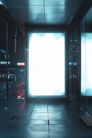 Blank billboard in modern office building, night scene. 3d renderingの素材