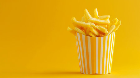 Golden French fries in paper box on yellow background. Copy space.の素材