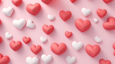 Red and white hearts on a pink background. 3D rendering.の素材