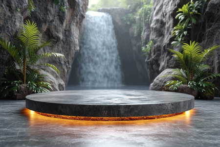 Black marble pedestal in front of waterfall. 3D Renderingの素材