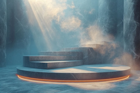Abstract scene with concrete podium and smoke. Mock up, 3D Renderingの素材