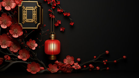 Chinese new year lantern and plum blossom on black background. 3d renderingの素材