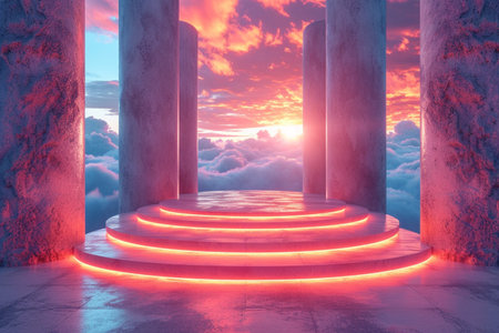 3D illustration of a stairway leading to the sky at sunsetの素材