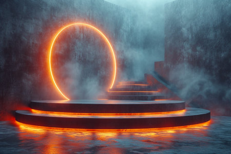 3d rendering, abstract dark scene with neon light, round podium in dark roomの素材