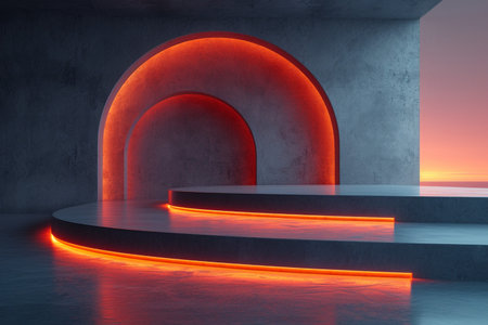 Abstract architecture background, empty concrete room with neon light, 3D renderingの素材