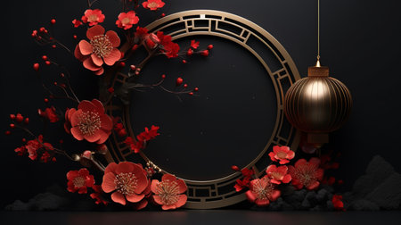Chinese new year 2021, year of the rooster, red paper cut flower,flower and asian elements on black background.の素材