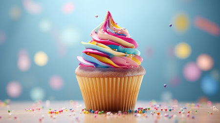 Cupcake with colorful frosting and sprinkles on a blue backgroundの素材