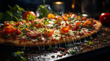 Pizza with mozzarella cheese, tomatoes and basil on a black backgroundの素材