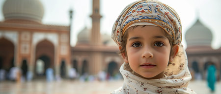 Little girl in the mosque, Agra, Uttar Pradesh, Indiaの素材