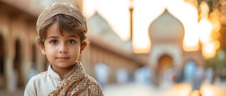 Portrait of a cute little boy at the mosque, selective focusの素材