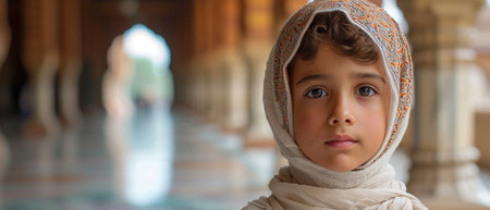 Portrait of a muslim kid in the mosque. Selective focus.の素材