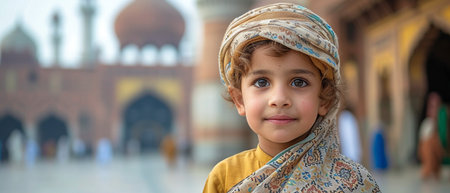 Portrait of a cute little boy in front of the mosque.の素材