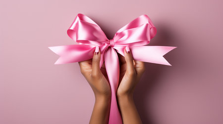 Female hands holding pink ribbon bow on pink background. Top view.の素材