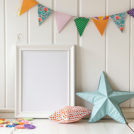 Mock up blank frame in children room with star and colorful pillowsの素材