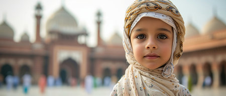 Portrait of a little muslim girl at the Taj Mahal in Agra, Indiaの素材