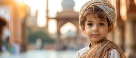 Portrait of a little boy in a turban on the background of the mosqueの素材