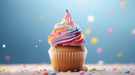 Birthday cupcake with colorful icing and sprinkles on blue backgroundの素材