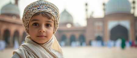 Portrait of a little boy in the courtyard of the mosque.の素材