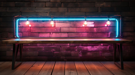 Vintage bar counter with glowing lights on brick wall background. Mock up, 3D Renderingの素材
