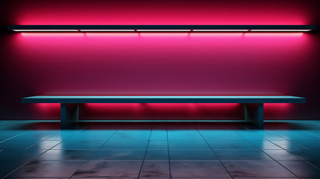 Empty bench in the underground passage with neon lights. 3d renderingの素材