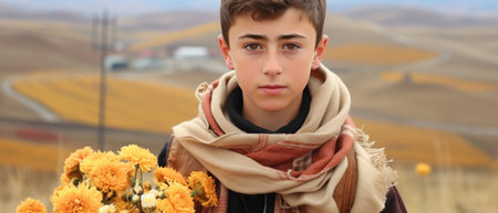 Boy with a bouquet of flowers on the background of the fieldの素材
