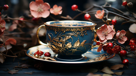 Cup of tea with cherry blossom on a wooden background.の素材