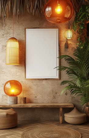 Mock up poster frame in hipster interior. 3d renderの素材