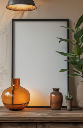 Mock up poster frame in interior background. 3d render illustrationの素材