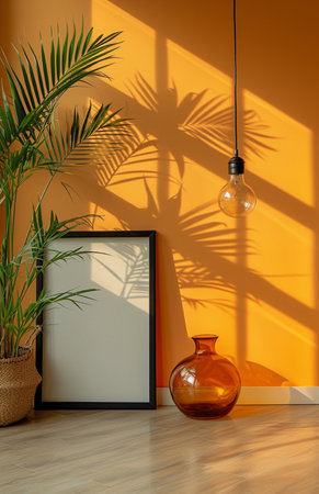 Interior of modern living room with plants, lamp and picture frameの素材
