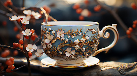 Beautiful porcelain cup with floral pattern on the background of cherry blossomsの素材