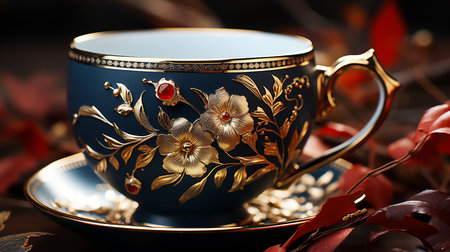 Cup and saucer on the background of autumn leaves, close-upの素材