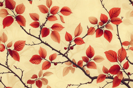 Vintage floral background with red leaves and branches, retro style.の素材
