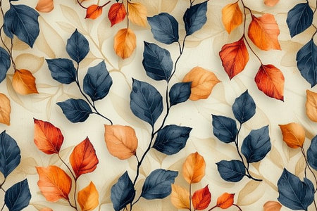 Top view of colorful autumn leaves pattern on beige background. Flat layの素材