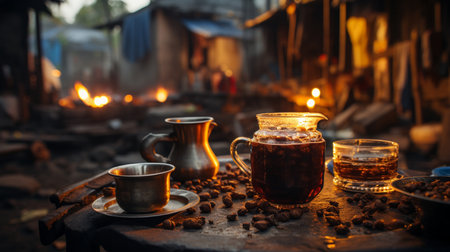 Coffee in a teapot and cups on a wooden tableの素材
