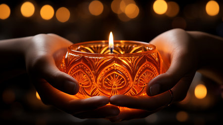 Close-up of female hands holding burning candle. Bokeh backgroundの素材