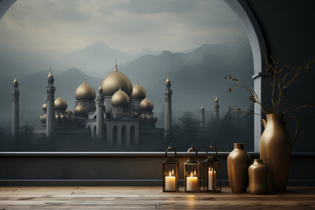 3d rendering of mosque interior with vase, lanterns and beautiful landscapeの素材