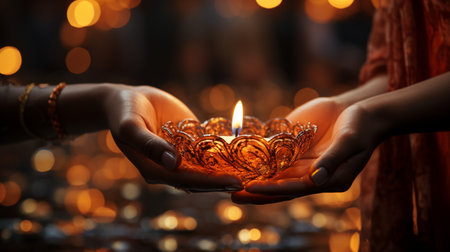 Hands of Hindu woman holding candle with bokeh background, closeupの素材