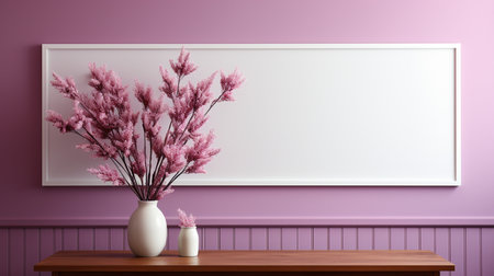 Bouquet of pink flowers in a white vase on a wooden shelf. 3d rendering mock upの素材