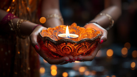 Close-up image of indian female hands holding a burning candleの素材