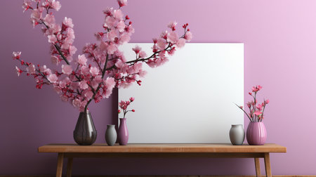 Blank picture frame mockup with cherry blossoms in vase on wooden shelf. 3D renderingの素材