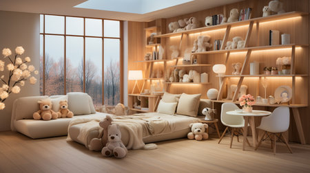 3D rendering of a childrens room with a bookcase and toysの素材