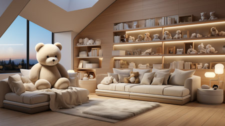 3D rendering of a modern living room with a white sofa and a teddy bearの素材