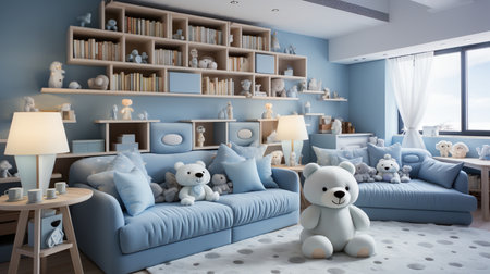 3d render of children room with blue sofa and teddy bearの素材