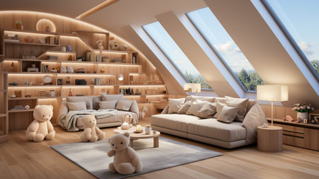 Interior of attic living room with sofa and teddy bear 3D renderingの素材